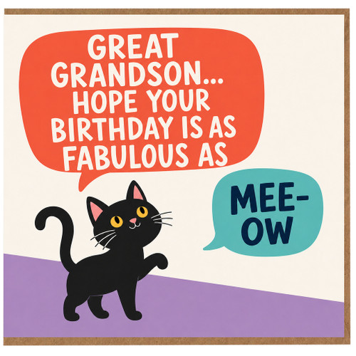Great Grandson Birthday Card, Funny Cat Meow Birthday Card