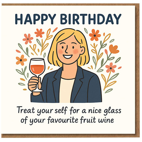 Funny Birthday Card for Her, Wine Lover - Floral Illustration with Woman and Glass, 'Treat your self for a nice glass of your favourite fruit wine'