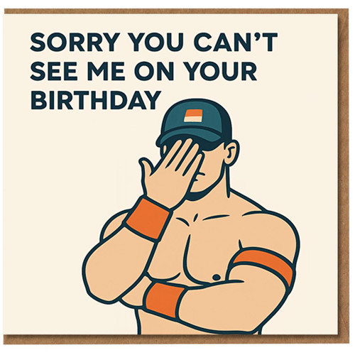Funny Birthday Card - 'Sorry You Can’t See Me On Your Birthday' - Cartoon Muscular Figure Covering Face - Playful Apology Pun for Friends & Family