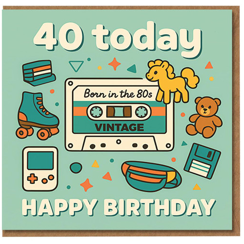 40th Birthday Card Funny - Born in the 80s Retro Cassette, Roller Skate and Game Icons - Vintage Nostalgia Design for Him or Her - Happy Birthday 40 Today