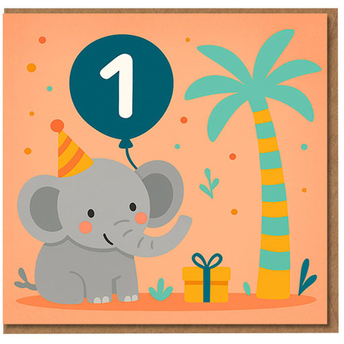 1st Birthday Card - Cute Elephant with Party Hat and Number 1 Balloon, Jungle Theme with Gift and Palm - For Baby Boy or Girl