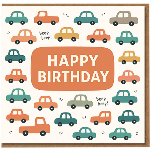 Happy Birthday Card - Cute Car Pattern with 'Beep Beep' Text, Retro Colours, Fun Transport Theme for Kids and Car Lovers