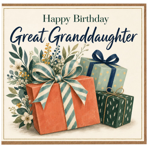 Great Granddaughter Birthday Card, Happy Birthday Card with Gift Boxes and Flowers