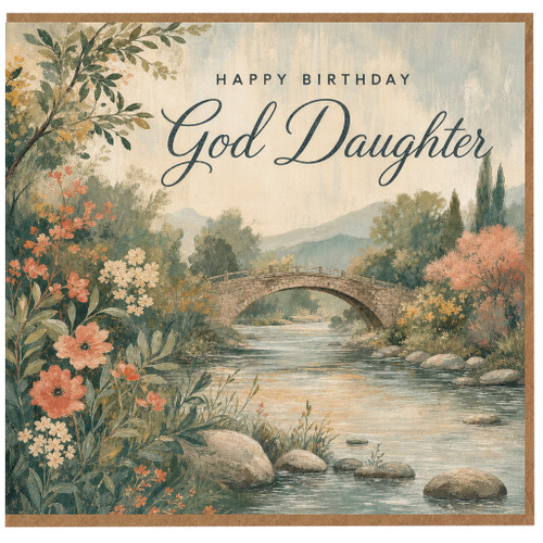 God Daughter Birthday Card, Happy Birthday Floral Bridge Scene Card