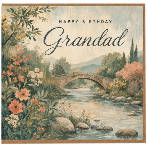Grandad Happy Birthday Card, Scenic Floral River Bridge Birthday Card