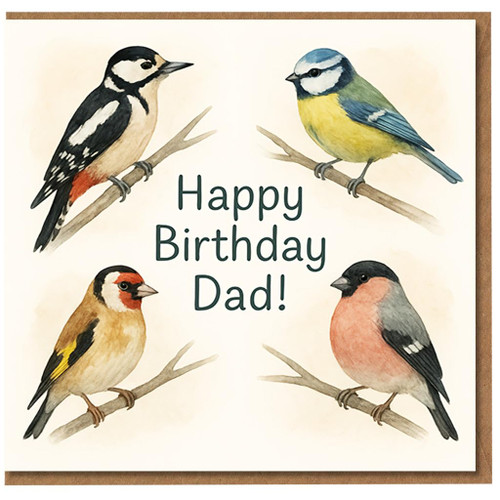 Happy Birthday Dad Card with Watercolour British Garden Birds - Nature-Themed Birthday Card for Father & Bird Lovers
