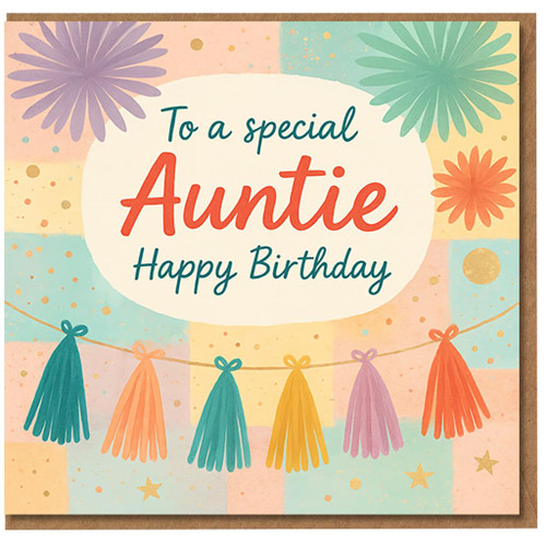 Auntie Birthday Card - To a Special Auntie Happy Birthday - Pastel Tassel Bunting, Confetti Stars, Cheerful Patchwork Design