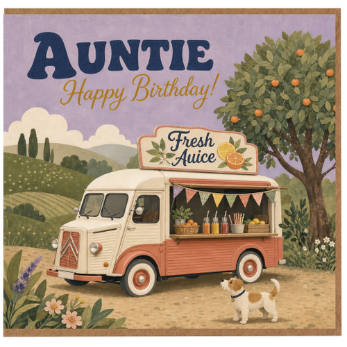 Auntie Birthday Card, Vintage Juice Van Orchard Design