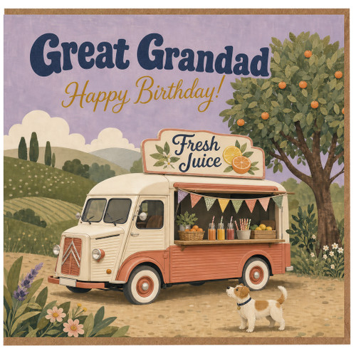Great Grandad Birthday Card, Happy Birthday Fruit Juice Van Design