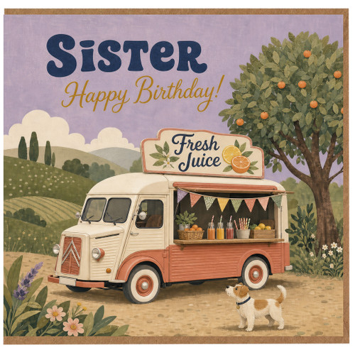 Sister Birthday Card, Vintage Juice Truck Birthday Card