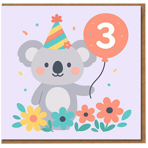 Koala 3rd Birthday Card - Cute Party Hat Koala with Number 3 Balloon, Pastel Flowers & Confetti - Child's Third Birthday