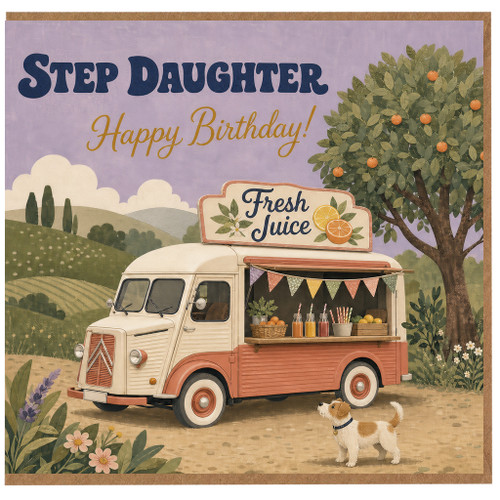 Step Daughter Birthday Card, Vintage Fruit Juice Van Illustration