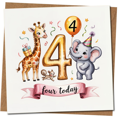 Age 4 Birthday Card for Kids - Cute Elephant & Giraffe, Balloon and Confetti - Four Today - 145mm x 145mm Square Children's Card, Includes Kraft Envelope