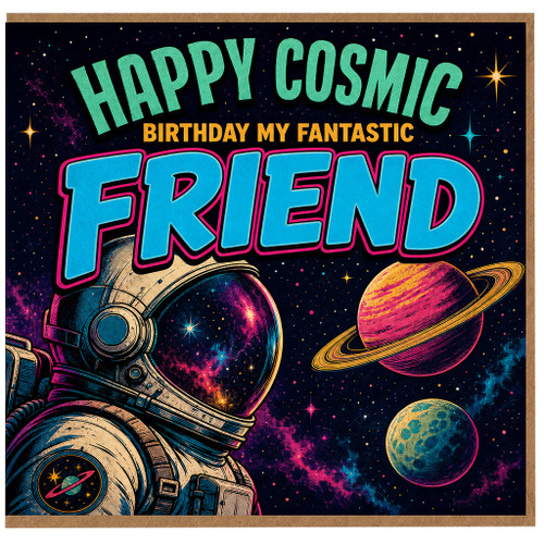 Birthday Card for Friend, Happy Cosmic Birthday My Fantastic Friend Space Astronaut Card