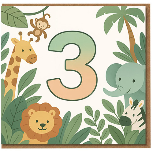 3rd Birthday Card for Kids - Jungle Safari Animals with Big Number 3 - Cute Age 3 Card for Boys or Girls