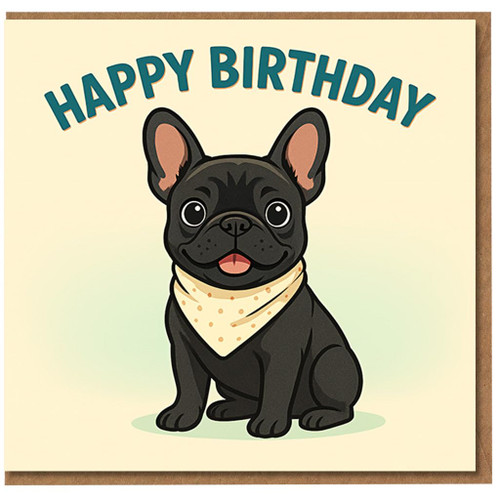 French Bulldog Birthday Card - Cute Dog Illustration with 'HAPPY BIRTHDAY' Text, Polka-Dot Bandana, Perfect for Dog Lovers