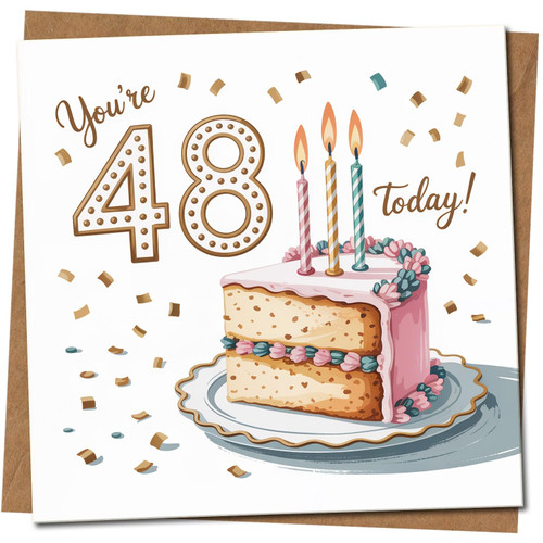 48th Birthday Card - You're 48 Today Cake & Candles - Square Greeting Card 145mm x 145mm - For Him or Her, Includes Kraft Envelope