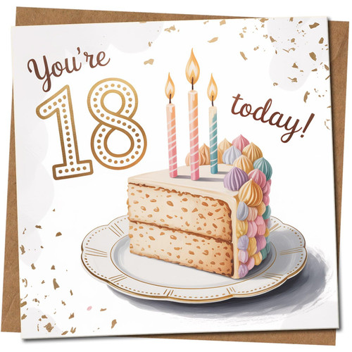 18th Birthday Card - You're 18 Today - Cake Slice, 145mm x 145mm Square, Includes Kraft Envelope