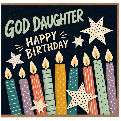 God Daughter Happy Birthday Card, Colourful Candles and Stars Design