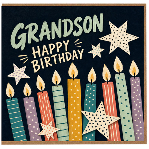 Grandson Happy Birthday Card, Colourful Candles and Stars Birthday Card