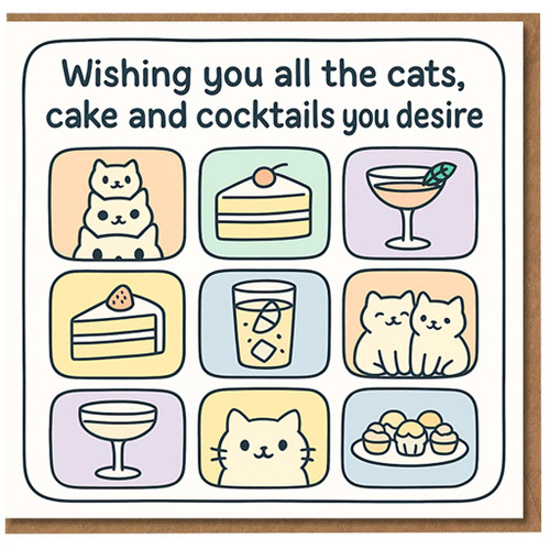 Funny Cat Lover Birthday Card - Wishing You All the Cats, Cake and Cocktails You Desire - Cute Pastel Grid Design
