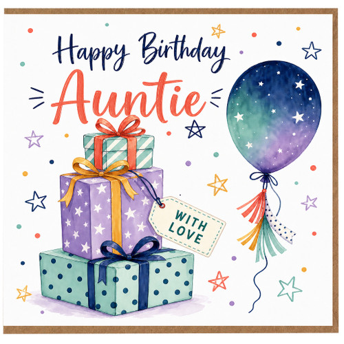 Auntie Birthday Card, Happy Birthday with Gifts and Balloon Design