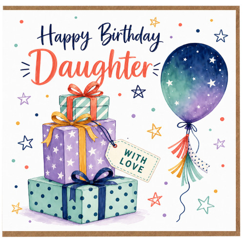 Daughter Birthday Card, Happy Birthday Daughter Card, With Love Balloon and Gifts Design