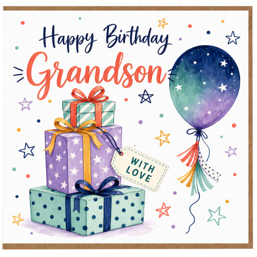 Grandson Birthday Card, Happy Birthday Grandson Card With Gifts and Balloon