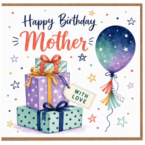Mother Birthday Card, Happy Birthday with Gifts and Balloon Design