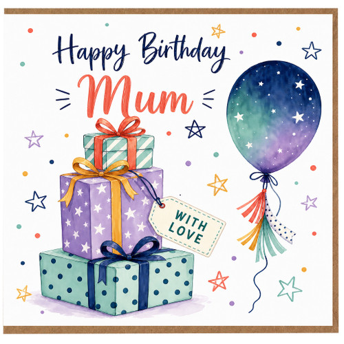 Mum Birthday Card, Happy Birthday Mum Card with Gifts and Balloon