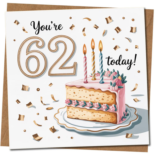 62nd Birthday Card - You’re 62 Today Cake & Candles Design, Confetti, 145mm x 145mm Square, For Him or Her, Includes Kraft Envelope