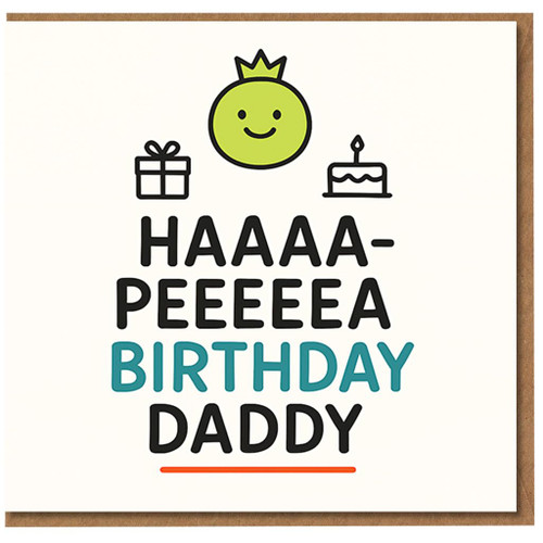 Funny Daddy Birthday Card - HAAAAA- PEEEEEA BIRTHDAY DADDY - Cute Green Pea, Gift and Cake Icons - From Son or Daughter