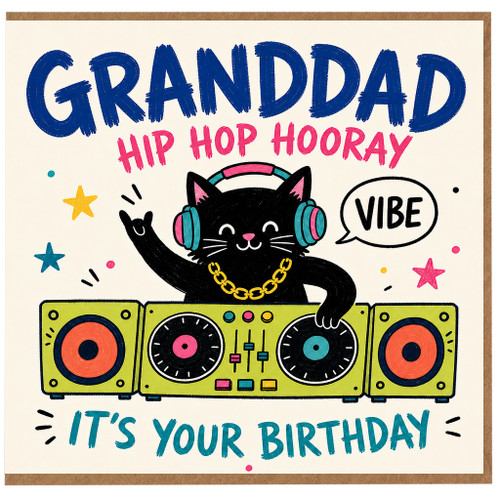 Granddad Birthday Card, Hip Hop Hooray It’s Your Birthday Funny Music Cat Design