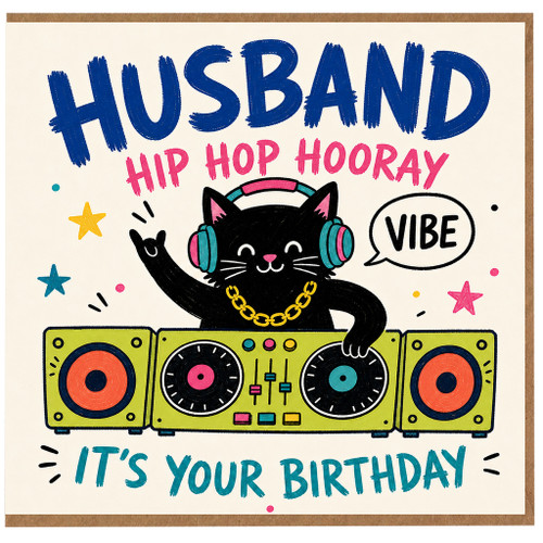 Husband Birthday Card, Funny Cat DJ Hip Hop Hooray Birthday Card