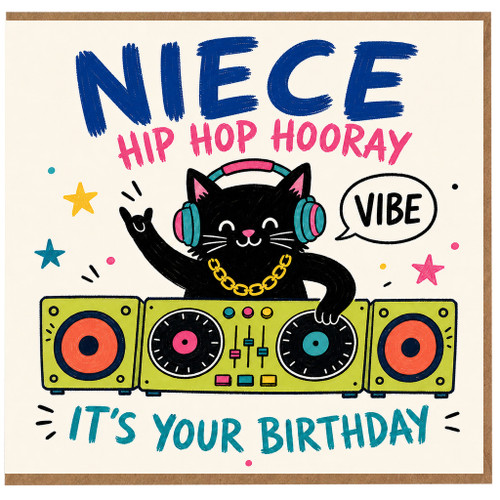 Niece Birthday Card, Hip Hop Hooray Cat DJ Birthday Card