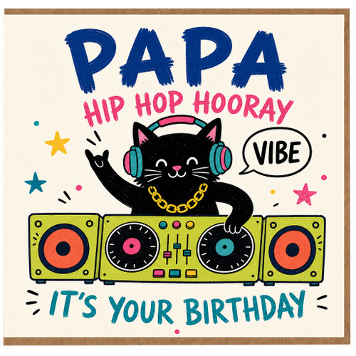 Papa Birthday Card, Hip Hop Hooray Cat DJ Birthday Card