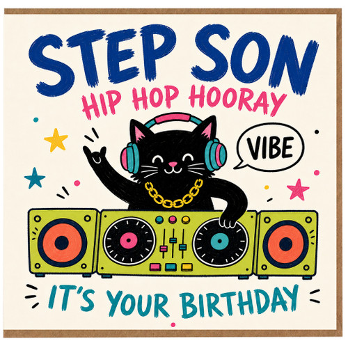 Step Son Birthday Card, Hip Hop Hooray Cat DJ Birthday Card