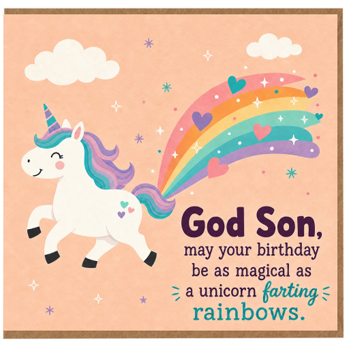 God Son Birthday Card, Magical Unicorn Rainbow Birthday Card