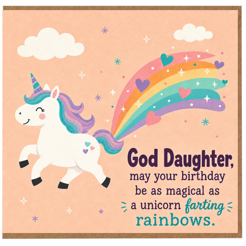 God Daughter Birthday Card, Magical Unicorn Rainbow Birthday Card