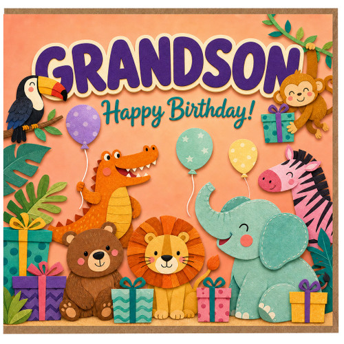 Grandson Birthday Card, Happy Birthday Jungle Animals Card