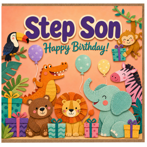 Step Son Happy Birthday Card, Cute Jungle Animals Birthday Card