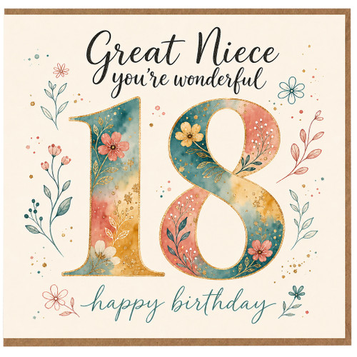18th Birthday Card for Great Niece, Wonderful Floral Happy Birthday Card