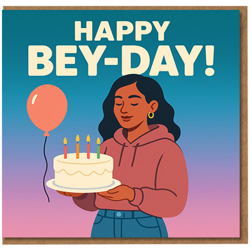 Happy Bey-Day Birthday Card - Fun Pun Design with Woman Holding Cake and Balloon - Funny Birthday Greeting for Friends, Her, Sister or Colleague