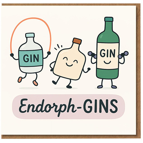 Funny Gin Pun Birthday Card - 'Endorph-GINS' Workout Bottles Illustration - For Gin Lovers, Friends or Colleagues