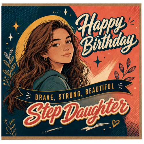 Step Daughter Birthday Card, Brave, Strong, Beautiful Design