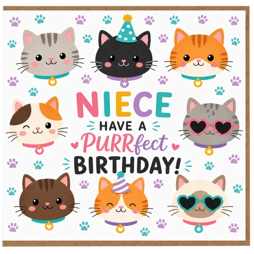 Birthday Card for Niece, Have a Purrfect Birthday Cute Cat Greeting Card