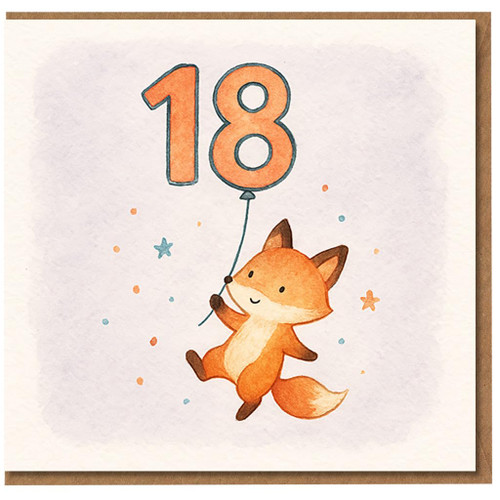 18th Birthday Card - Cute Watercolour Fox Holding 18 Balloon with Confetti - For Him or Her, Teen, Son, Daughter, Friend
