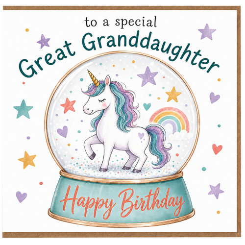 Great Granddaughter Birthday Card, Unicorn Snow Globe Happy Birthday Card