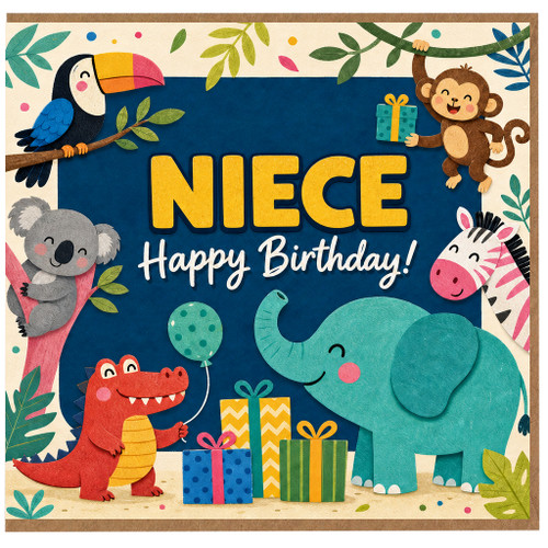 Niece Birthday Card, Cute Jungle Animal Happy Birthday Card