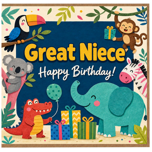 Great Niece Happy Birthday Card, Jungle Animal Birthday Card